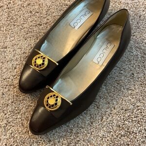 80s/90s Vtg Calico Brown Leather Embellished Bow Almond Toe Kitten Heels